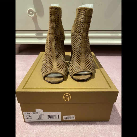 ASH June Taupe Suede Wedge Open Toe Booties - Picture 1 of 6